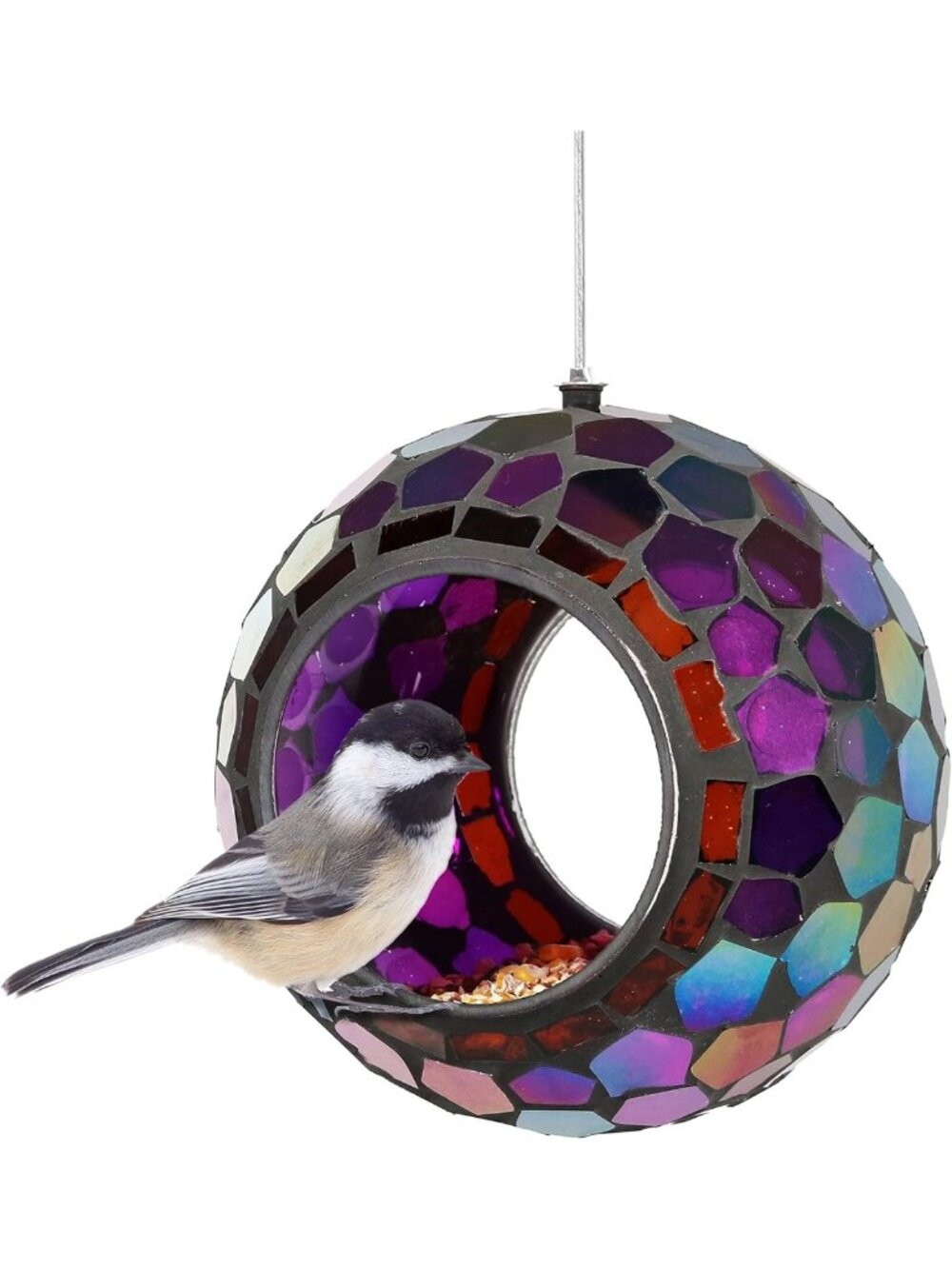 Iridescent Purple Mosaic Hanging Bird Feeder - 6-Inch Glass for Outdoors